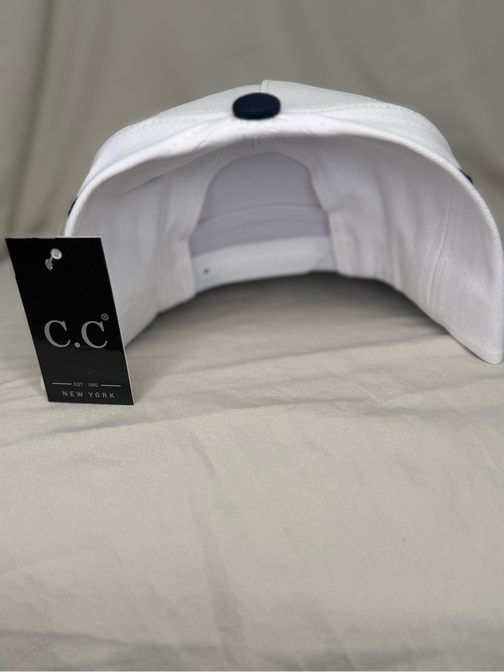 C.C White Trucker Cap with Navy Top Button - Picture 3 of 3